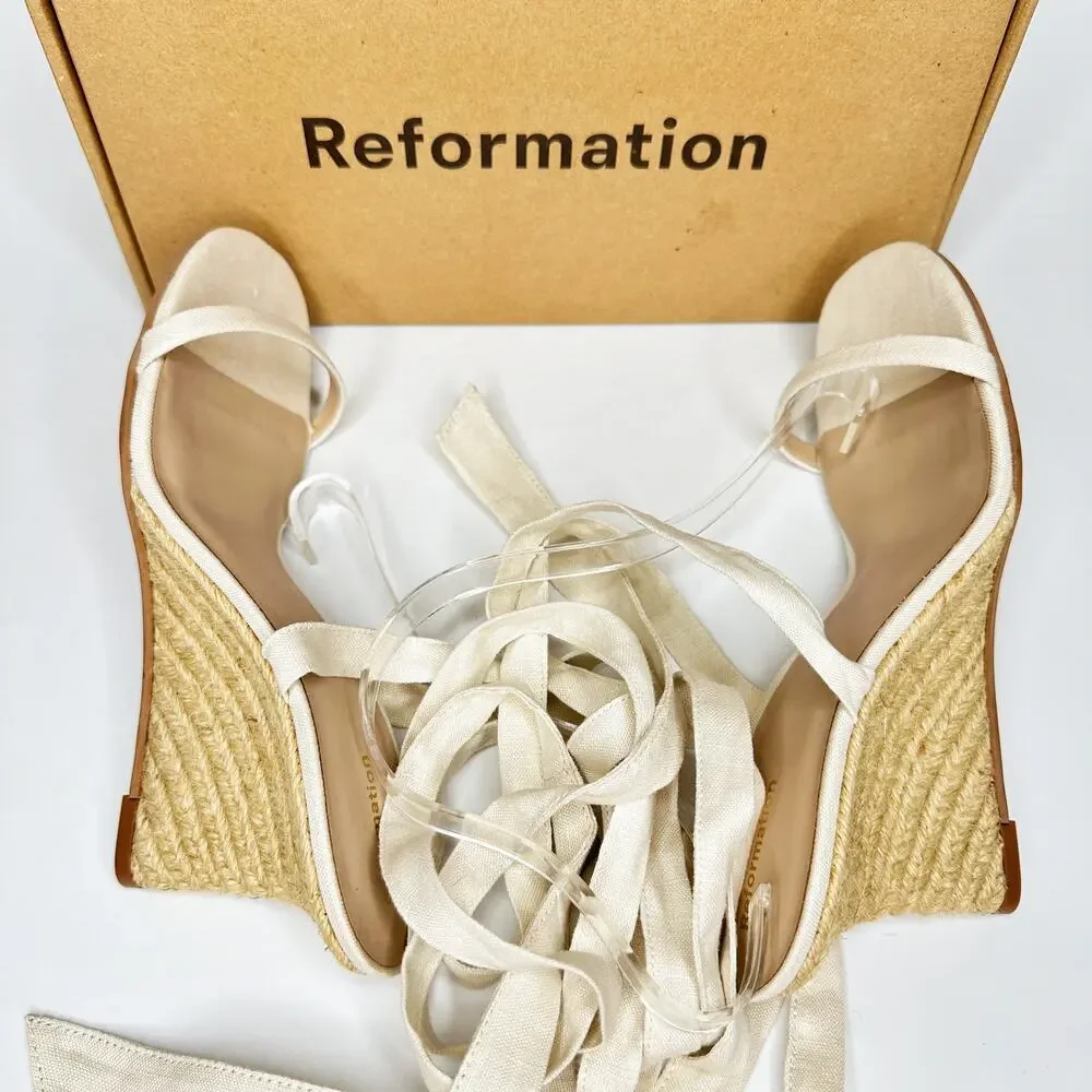 NWT Reformation Alessa Lace Up Cream Linen Wedge Espadrilles Shoes Size 9
